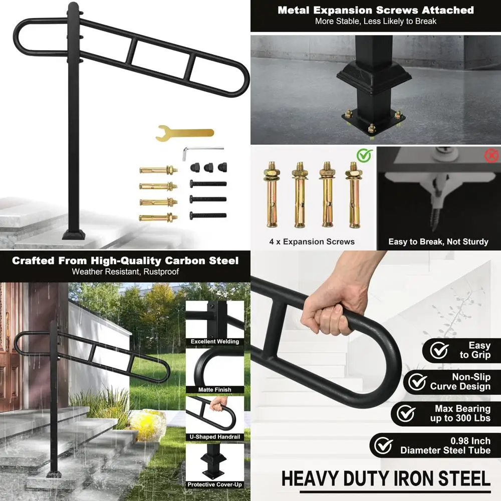 

Metal Stair Railings for Outdoor Steps - Wrought Iron Handrails for Porch, Entrance, Garden, Yard, Suitable for 1-3 Steps