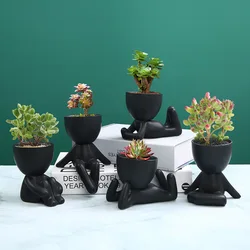 Creative Black Figure Flower Pot Succulent Plant Pot for Home Tabletop Decor Black Figure Cactus Potted Abstract Statue PlantPot