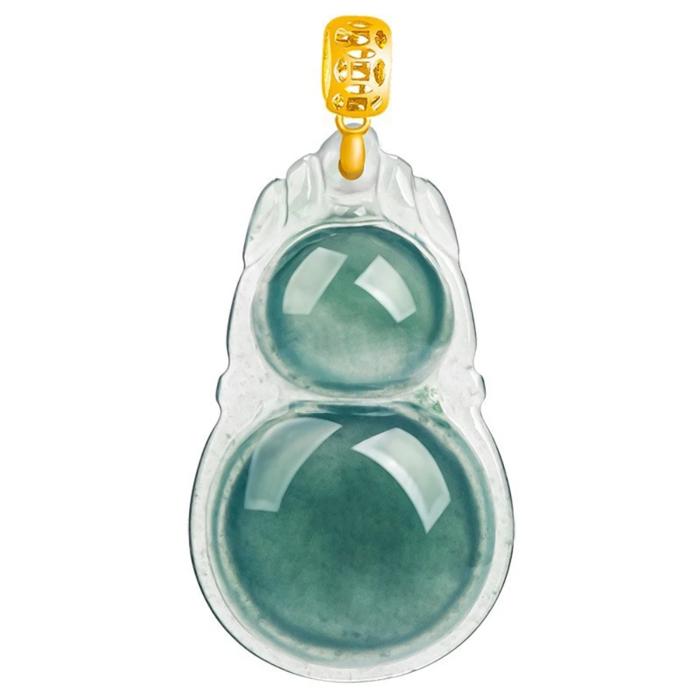 Genuine Natural Myanmar Grade A Ice Blue Water Jadeite Gourd Pendant Inlaid 18K Gold Unisex Daily Fashion Neck Jewelry Accessory