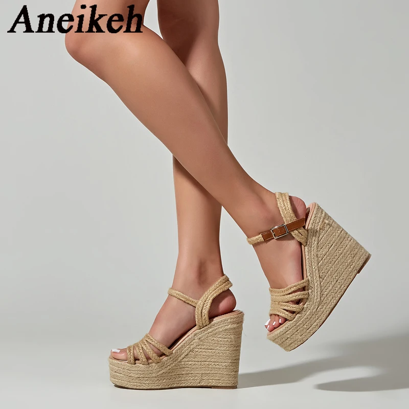 Aneikeh 2024 Platform Wedge Sandals Women's Summer Fashion Trend Narrow Band Braid Buckle Strap Gladiator Wedge Heel Shoes 36-43