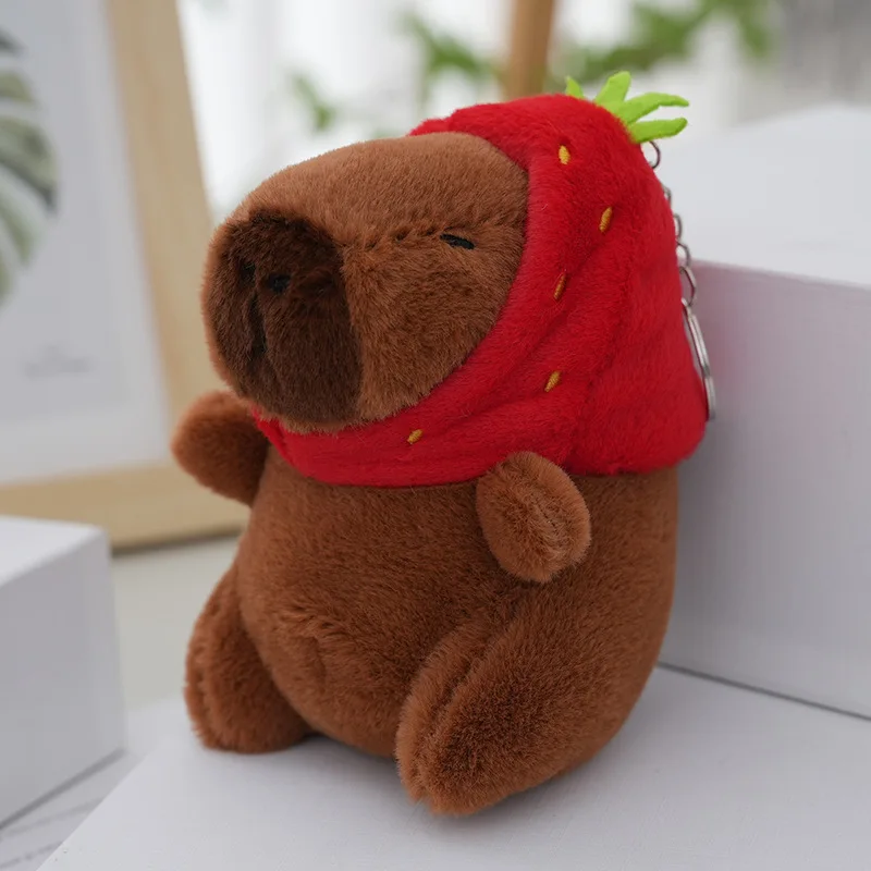 12CM Cute Capybara Plush with Turtle Backpack Strawberry Hat Kawaii Capibara Stuffed Aniamls Toys Keychain Pendant Kids Gifts