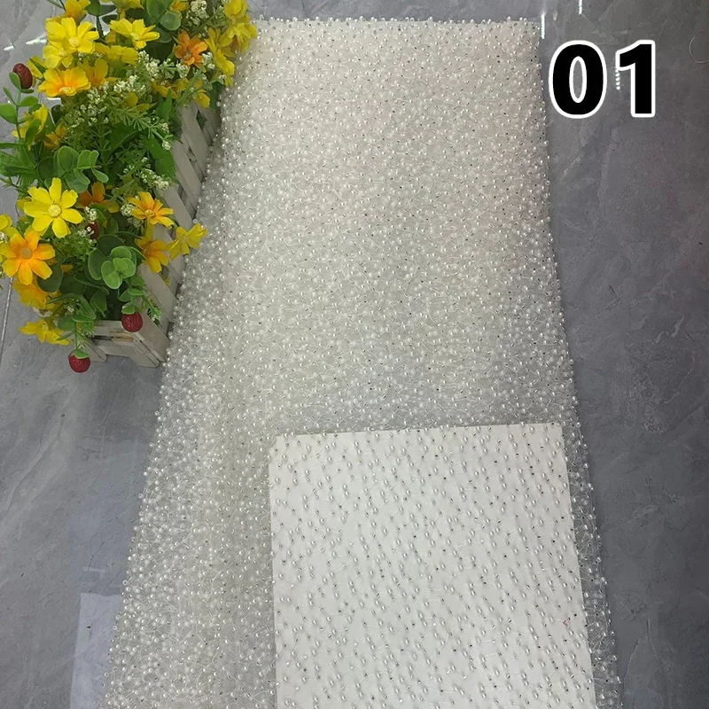 1 YARD เพิร์ลผ้าตาข่ายรอบลูกปัดหลอดเย็บปักถักร้อยผ้า High-End งานแต่งงานชุดกระโปรง DIY เย็บผ้าผ้า Tulle ผ้า 125 ซม.ความกว้าง