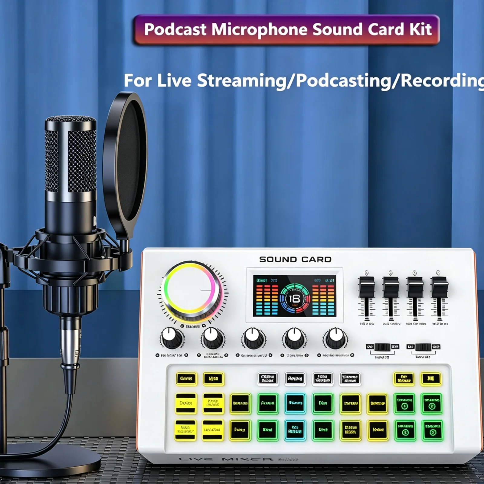 Tenlamp Professional Podcast Equipment Bundle Kit for 4 People, Studio Sound Card with 3.5mm Condenser Mic (Y300-P15B) for PC Smartphone Laptop Computer , Live Audio Mixer Voice Changer for Streaming Singing Gaming Recording Vlog YouTube