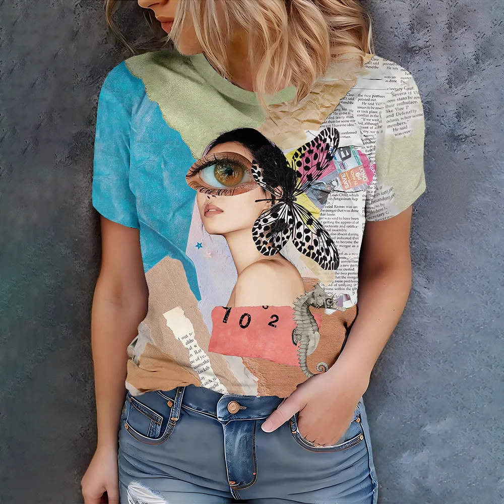 

Using Artistic Collage Design For Women's Casual T-shirt - Unique Street Style Summer Round Neck Dhort Dleeve