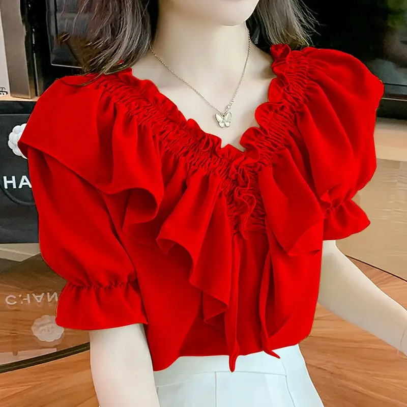 Fashion V-Neck Lace Up Folds Puff Sleeve Ruffles Blouses Female Clothing 2024 Summer New Loose Korean Tops Sweet Chiffon Shirts