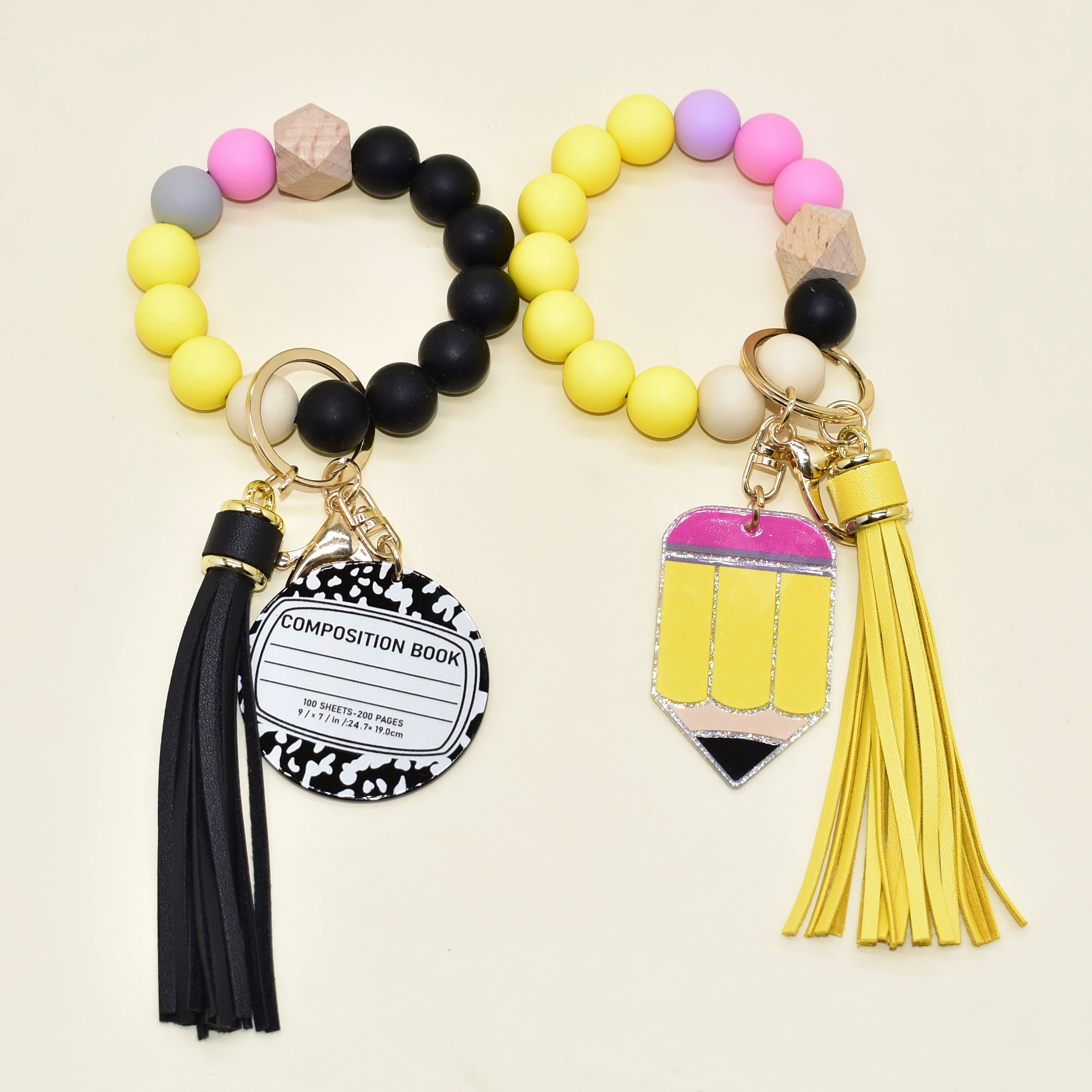 Teacher Gifts Idea S​ilicone Beads Pencil Colors Bangle Keychain Design With Big Acrylic Pencil Black Composition Charms