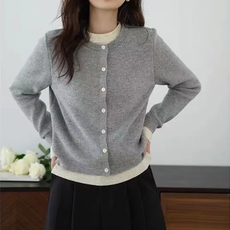 2024 Summer New Round Neck Splicing Style Small Fragrant Style Women's Loose Sweater Jacket Open Knitted Woolen Sweater A89