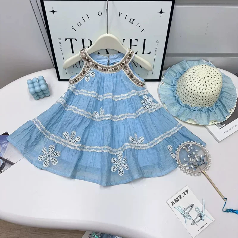 

Girls' Dress2025Summer New Halter Lace Embroidered Princess Dress for Baby Girls Beach Dress with Hat