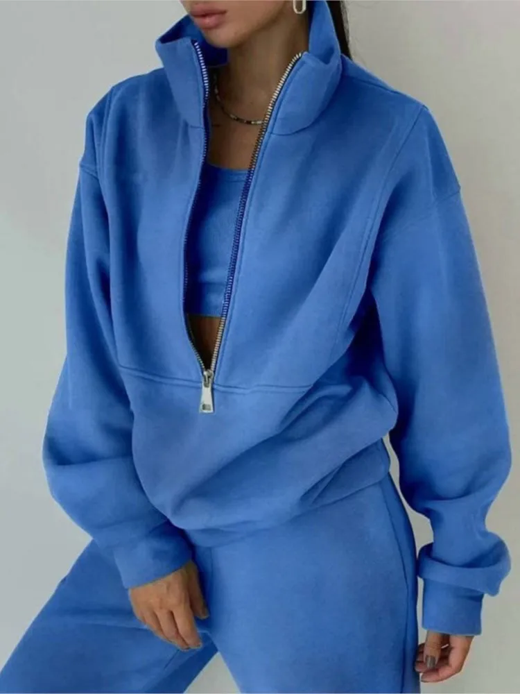 Sports Hoodie Set Women's Autumn Winter Warm Loose Zipper Top + Pants Sweater Two-piece Suit Women Casual Streetwear Sportswear