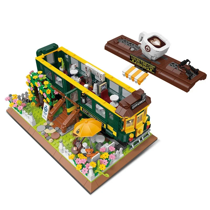 1081PCS Creative Retro Train Coffee Shop Mini Size Building Blocks City Street View Train Coffee House Bricks Toys Gifts for Boy