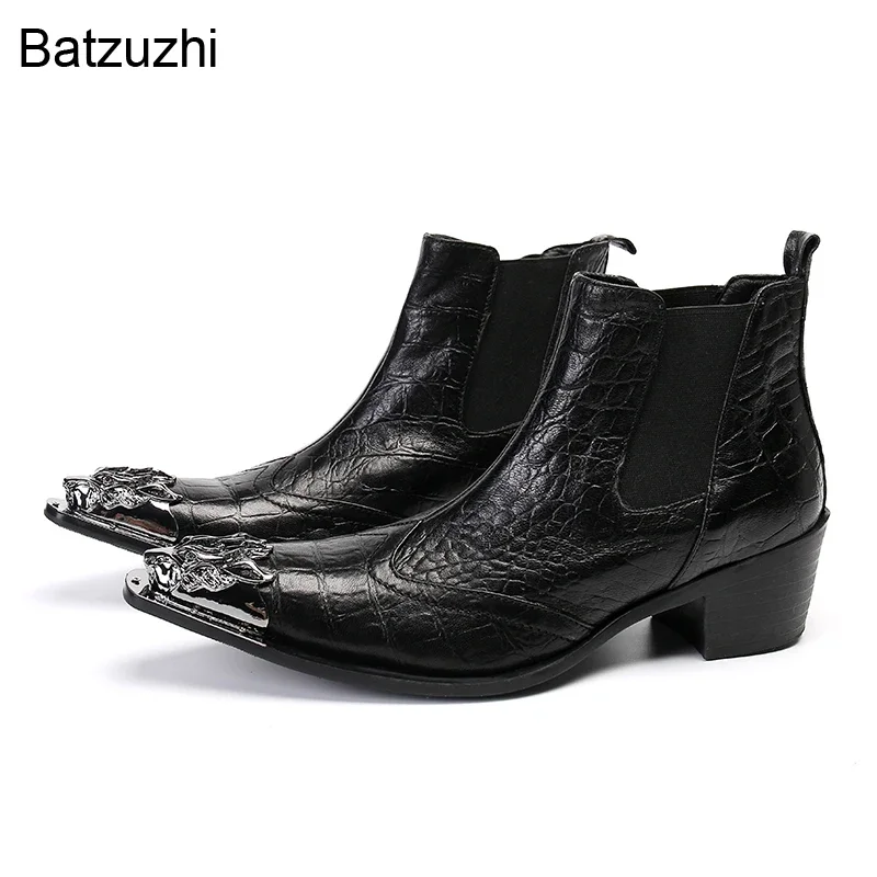 

Batzuzhi 6cm High Heels Men's Black Ankle Boots Pointed Metal Toe British Type Slip on Business/Party Botas Hombre, Big Sizes 46