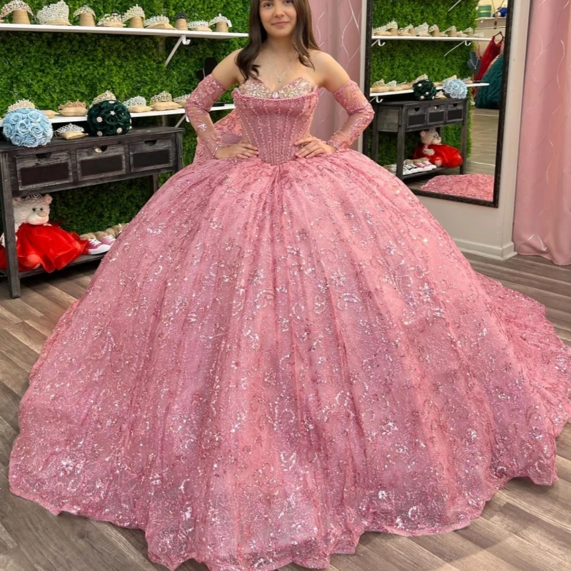 

Pink Ball Gown Quinceanera Dresses Off The Shoulder Sequin Applique Lace Beading Crystal Tull Beading Party Birthday Sweet 16
