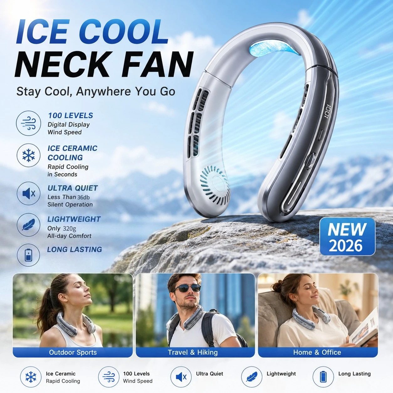 Nackenventilator Mini Tragbarer Geräuschloser Blattloser Ventilator mit 100 Einstellbaren Geschwindigkeitsstufen LED-Digitalanzeige Outdoor-Nackenventilator