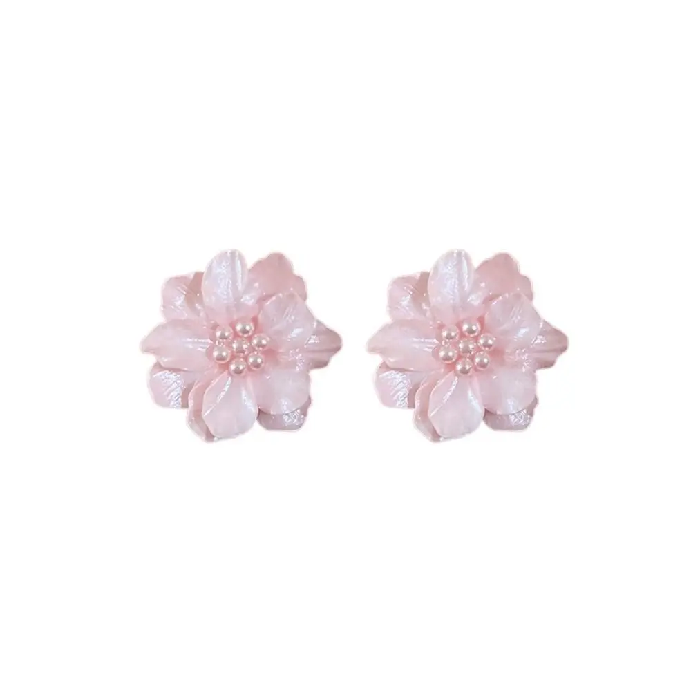 Elegant Pink Flowers Drops Earrings Acrylic Pearl Fashion Big Flower Stud Earrings Sweet Temperament South Korean Style