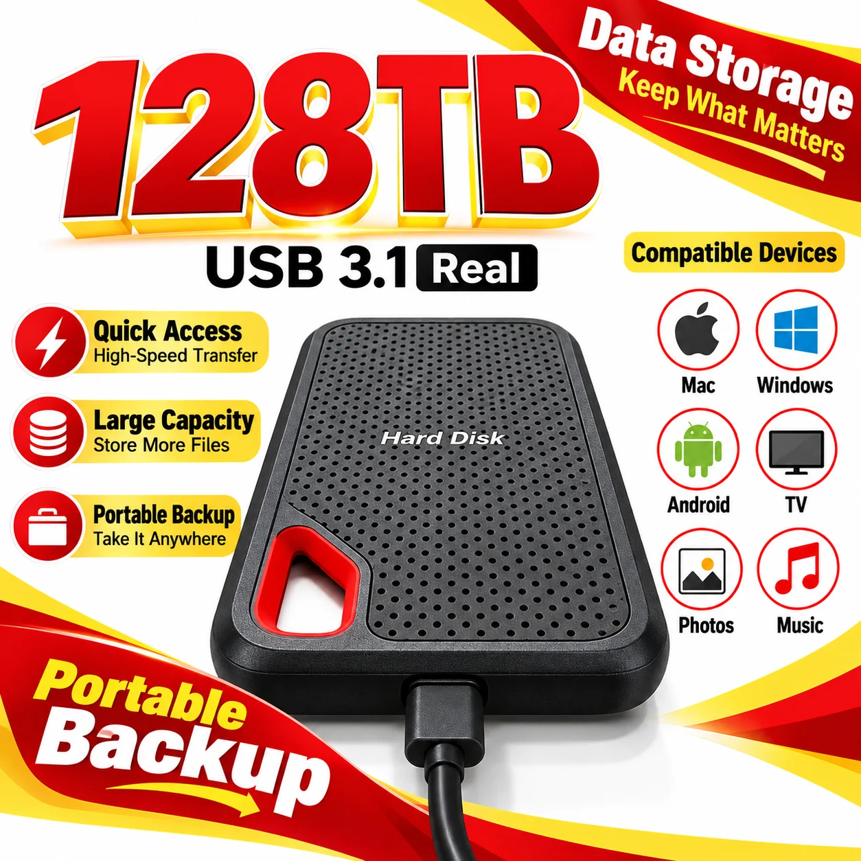 External 6TB Portable Hard Drive 2TB SSD USB-C Quick Storage Disk for Laptop Mac Tablet Phone Data Backup
