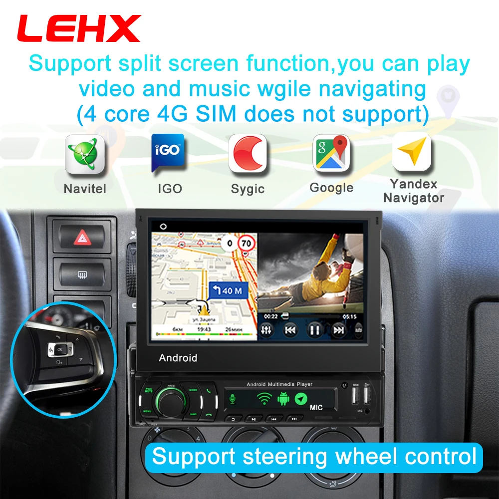 LEHX راديو 1Din أندرويد السيارات Carplay 7 "HD العالمي ستيريو نظام تحديد المواقع الملاح شاشة قابل للسحب راديو السيارة الوسائط المتعددة الفيديو رئيس وحدة DVD #3