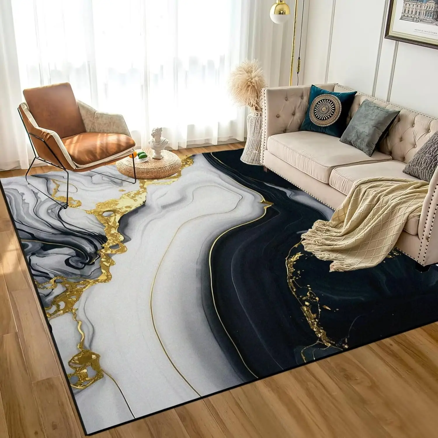 3D Marble Area Rug for Kids Boys Black White Gold Marble Carpets for Teens Boys Room Living Room Bedroom Playroom Soft Floor Mat