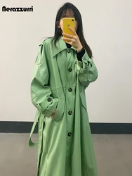 Nerazzurri Spring Long Oversized Colored Green Pu Leather Trench Coat for Women Sashes Single Breasted Luxury Designer Clothes