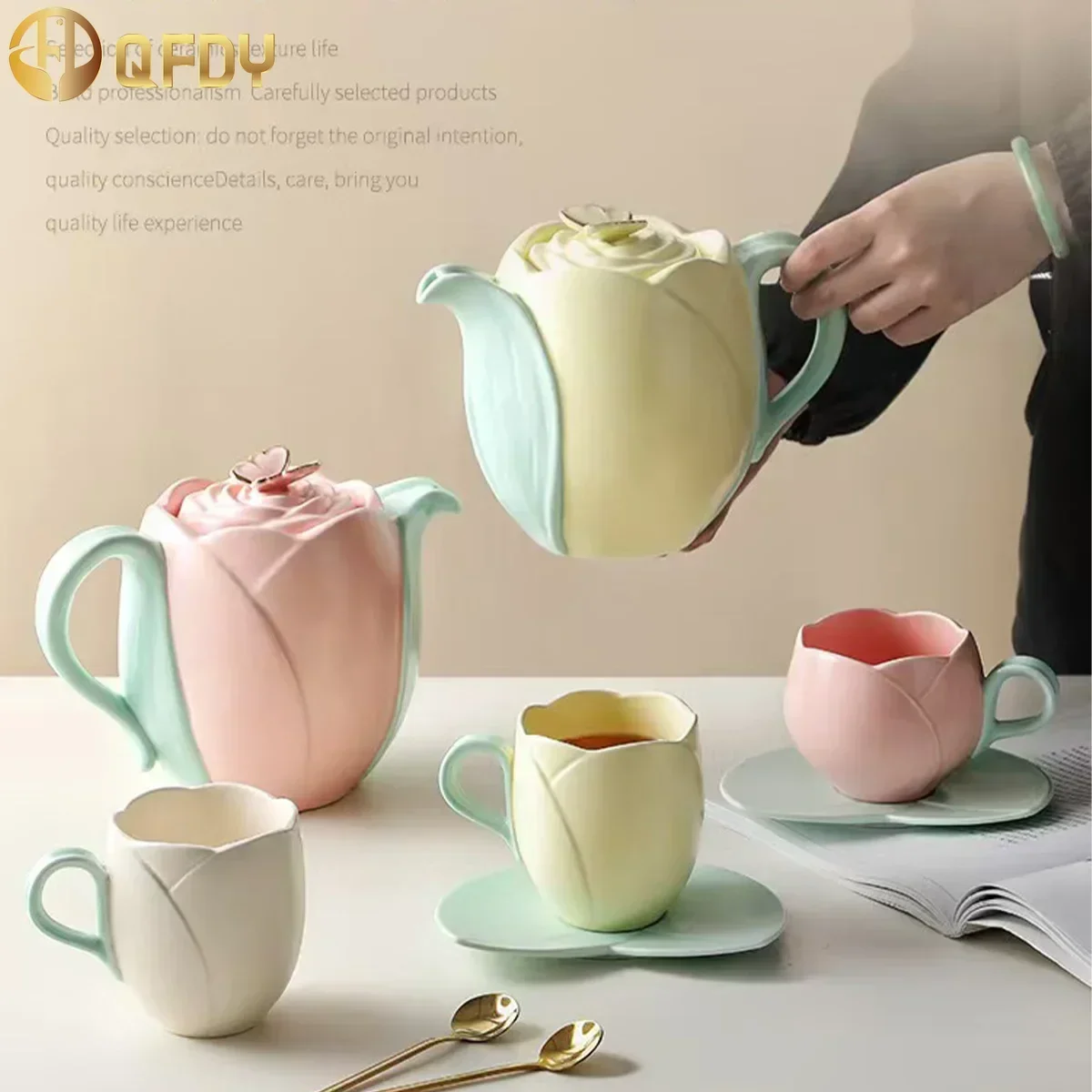 

Tulip luxury ceramic teapot set tea cup afternoon tea set ceramic coffee cup saucer pot milk tea cappuccino tableware