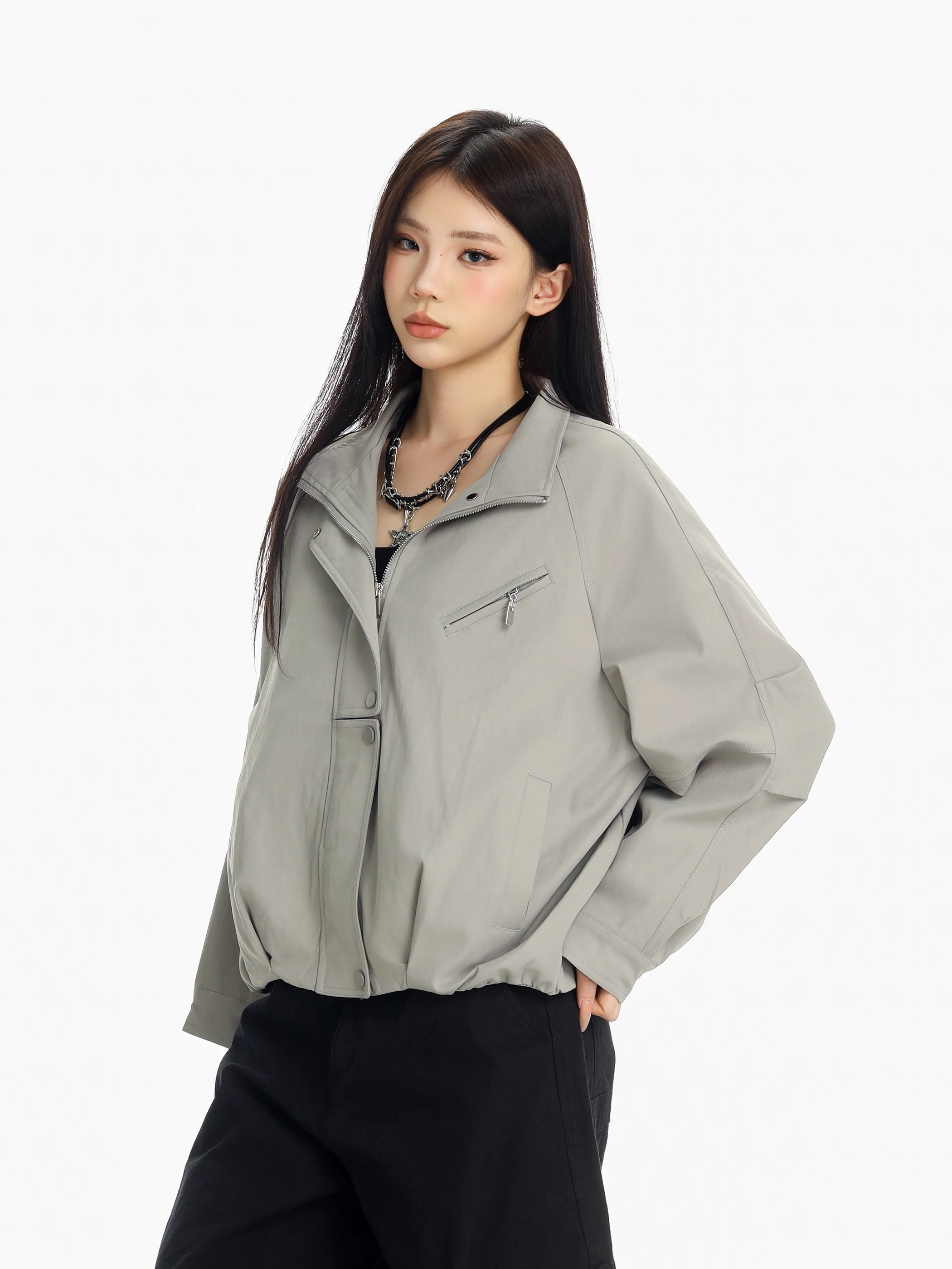 

Винтажная женская куртка свободного кроя с воротником-стойкой, декорированная молнией и завязками по низу, повседневная универсальная верхняя одежда для города