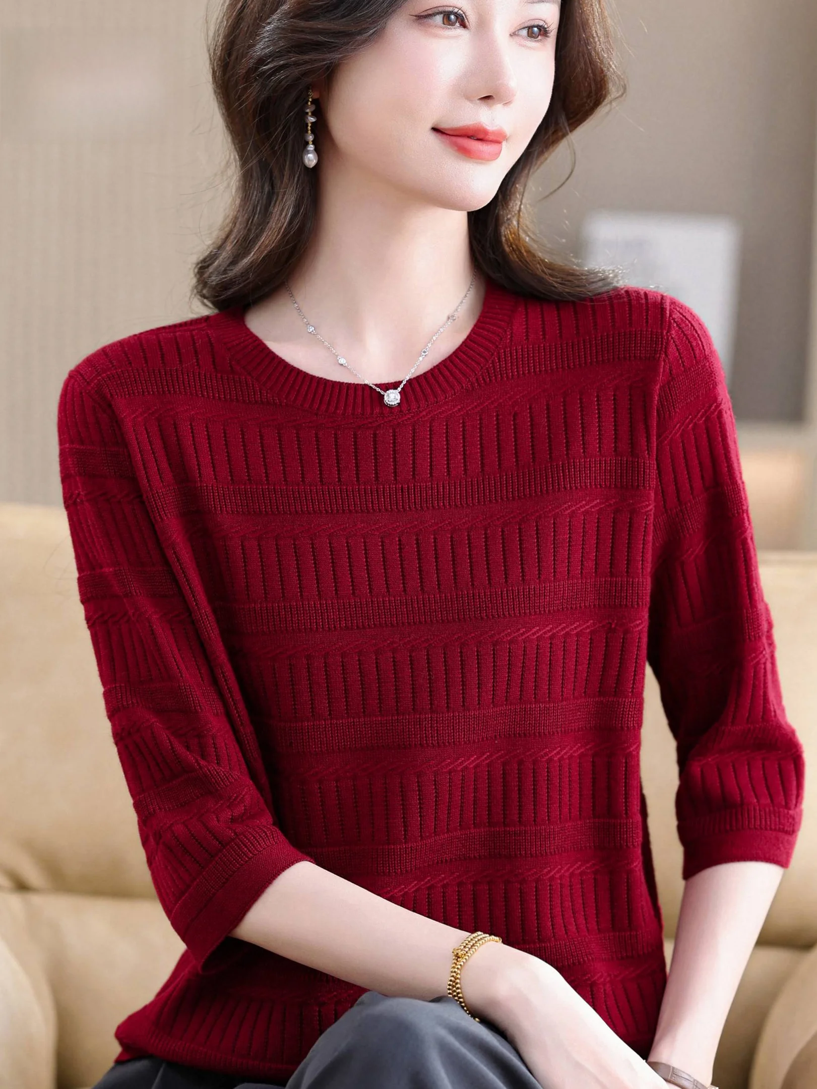 

Spring Summer New Sle Loose Fit round Ne Knitwear Women's Base Layer irt Tee Quarter Sve Faionable Materni Top