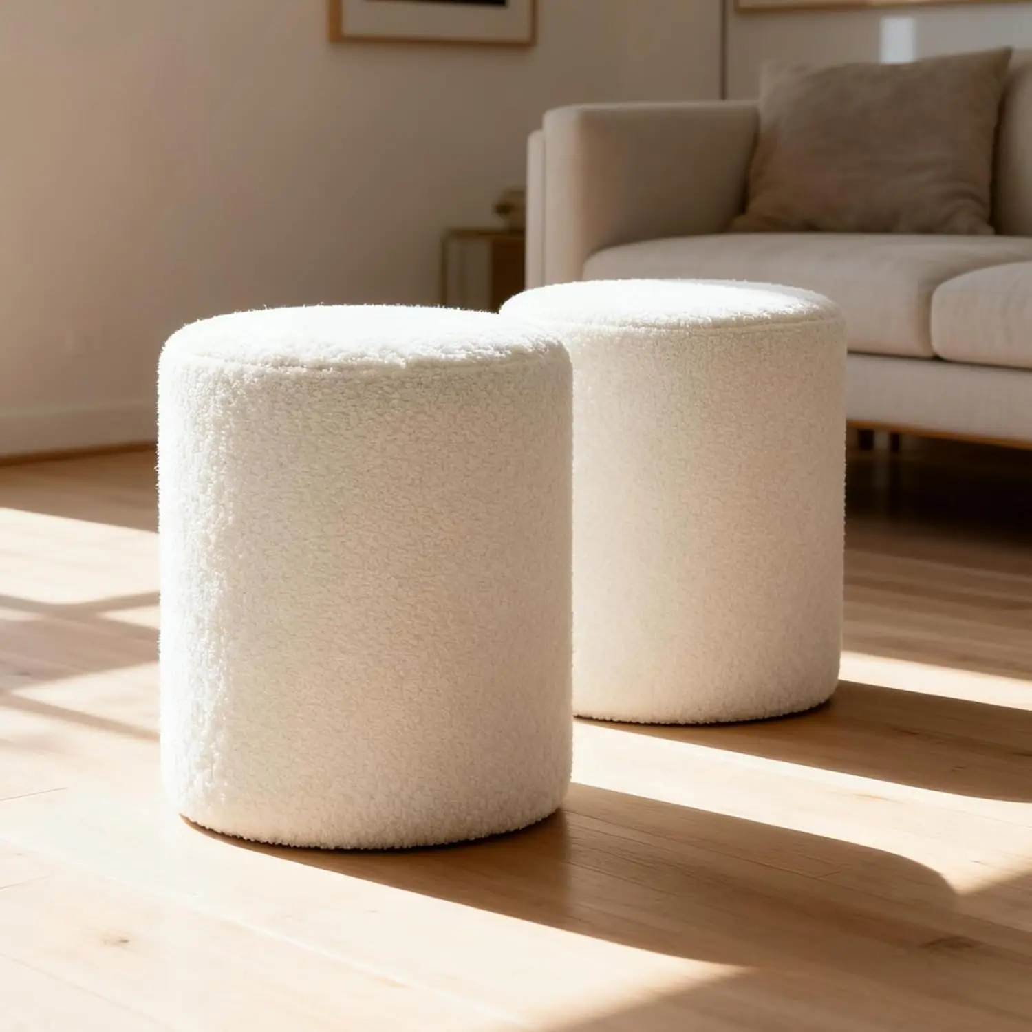 Round Ottoman Set 2Pcs Modern Foot Stool Teddy Fleece Upholstered Vanity Makeup Bedroom Living Room White Custom