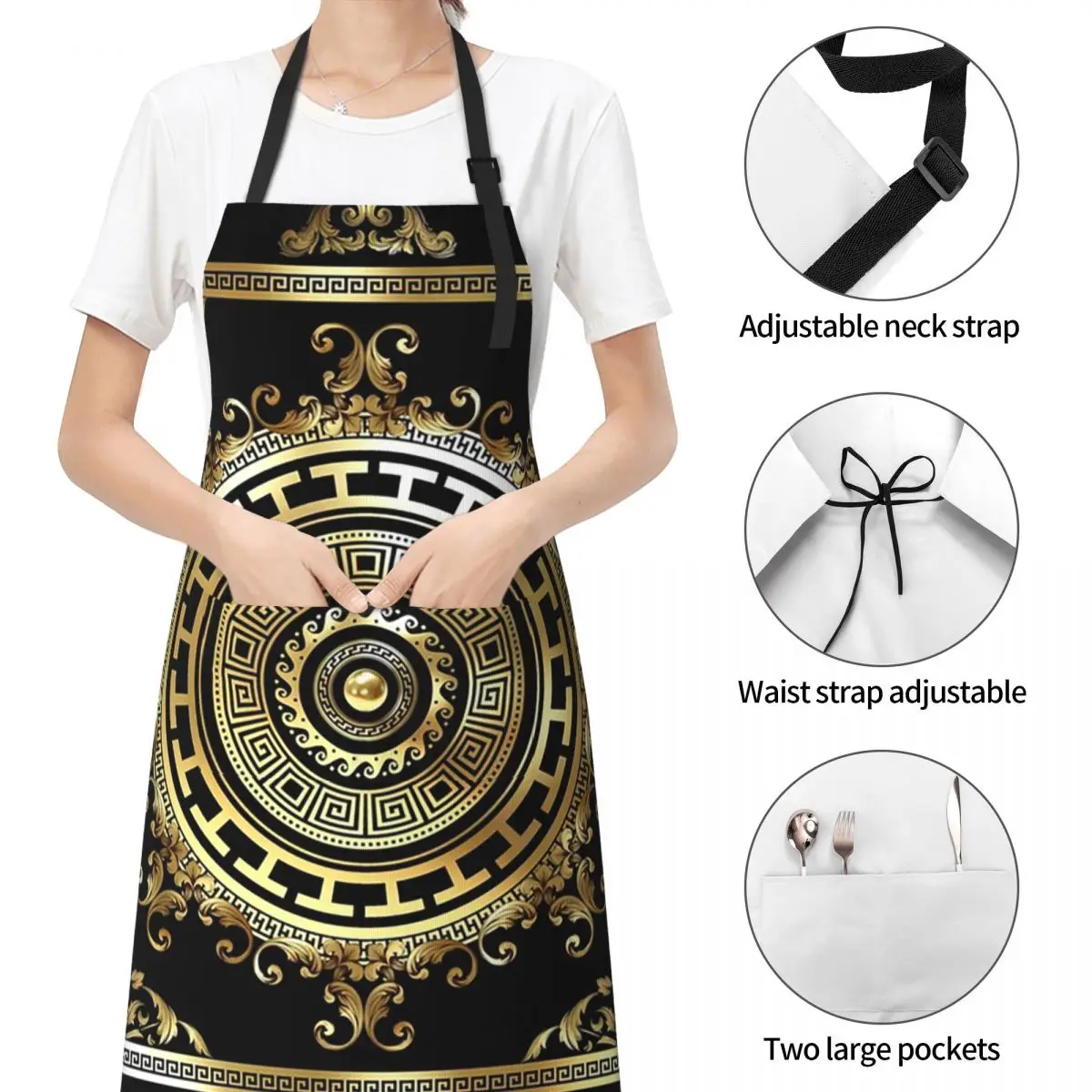 المفاتيح اليونانية الذهب الأسود ميدالية متعرج الباروك مآزر الشيف الطبخ المطبخ Tablier تنظيف المطبخ بينافور للنساء الرجال #4