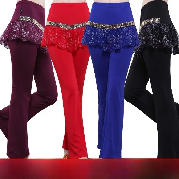 Square Dance Skirt Pants New Spring Summer Lace Fce Milk Silk Dance Pants Skirts Women's Fake Two-Piece Long Pants Practic...