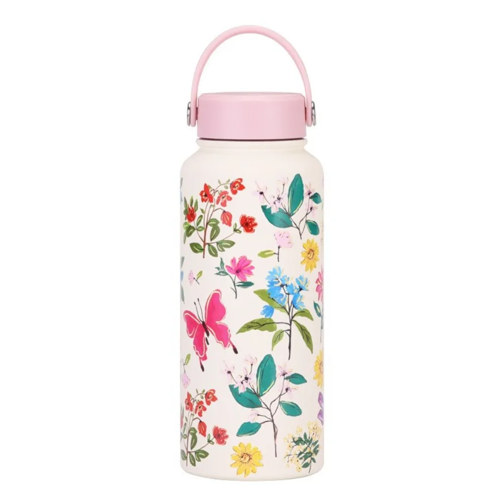 Gift INS Insulated Water Bottle 1L Stainless Steel Thermal Water Bottle Portable Large Capacity Floral Thermal Cup Office