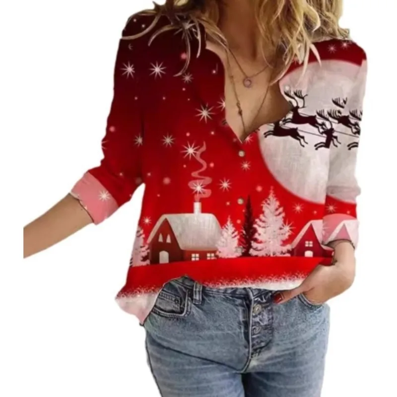 Elegant women\'s long sleeved shirt with Christmas print sexy lapel button up shirt exuding a sense of sophistication for women