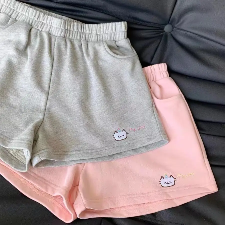 Cat Embroidery All Match Shorts for Women Summer Korean Loose Student Casual Sports Elastic Waist Wide Leg Shorts Y2k Shorts