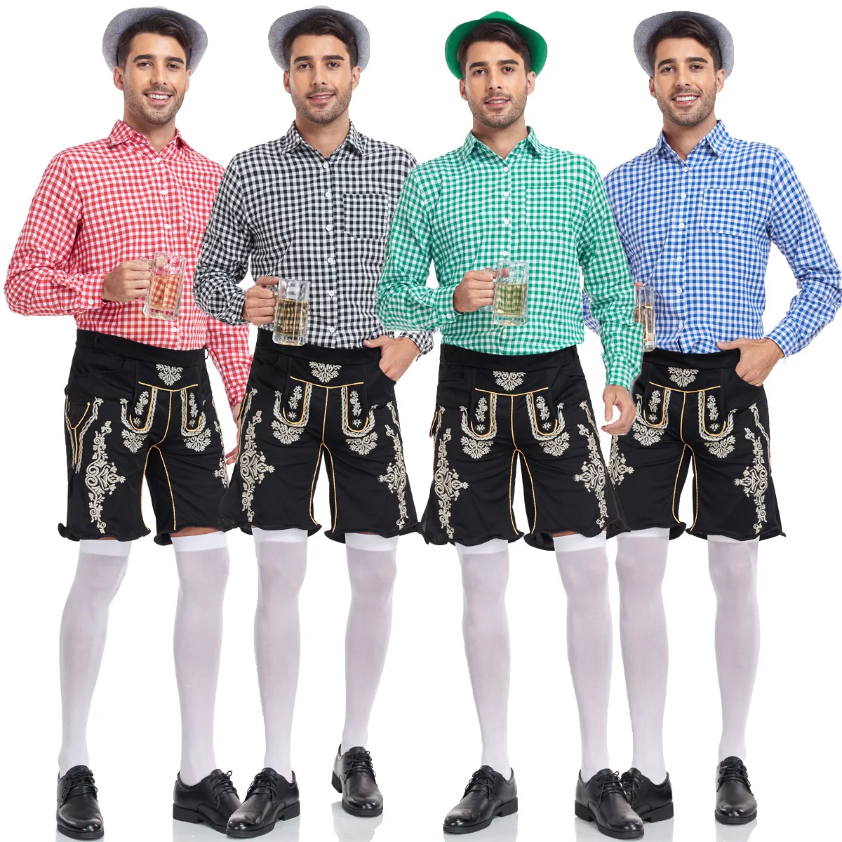 German Traditional Oktoberfest Beer Dress Plaid Shirt Men's Beer Suspenders Suit