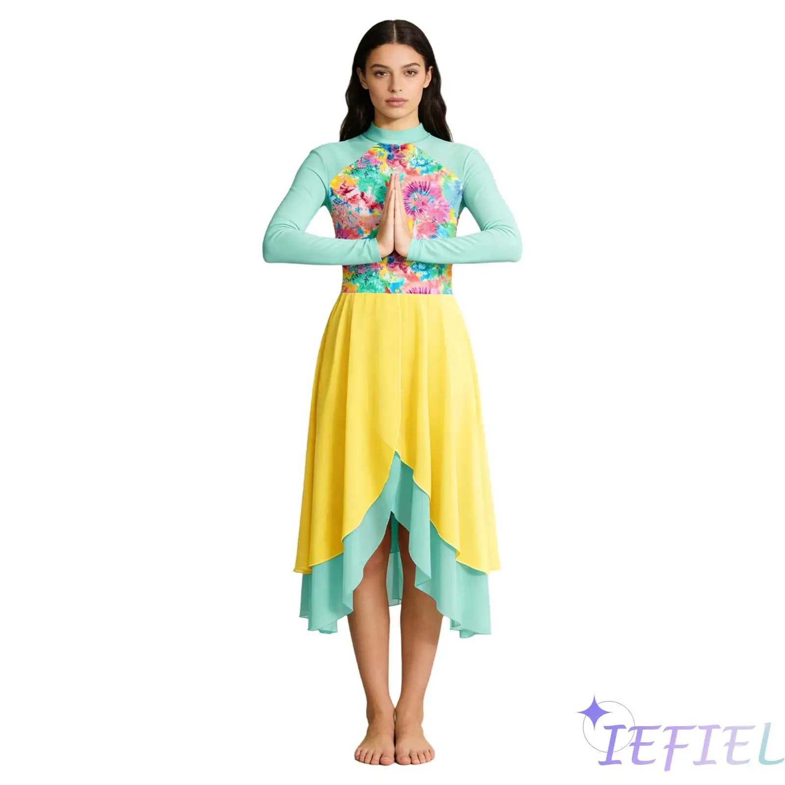 

Костюм для христианских хоровых танцев для женщин: платье с длинными рукавами, цветными блоками, многоярусным шифоновым подолом, асимметричное, для лирических и современных танцев