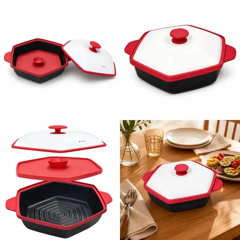 3-In-1 hexagonal microwave oven baking pan set with steamer and lid, non-stick pan multi-purpose cooker for healthy cooking