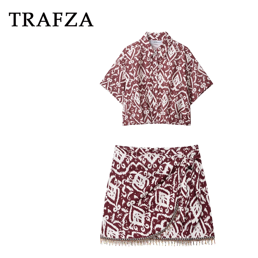 

TRAFZA Vintage Brown Beads Fashion 2025 Bohe Woman Suit Print Single Breasted Shirt+Zipper Tassels Mini Skirt Holiday Mujer Set