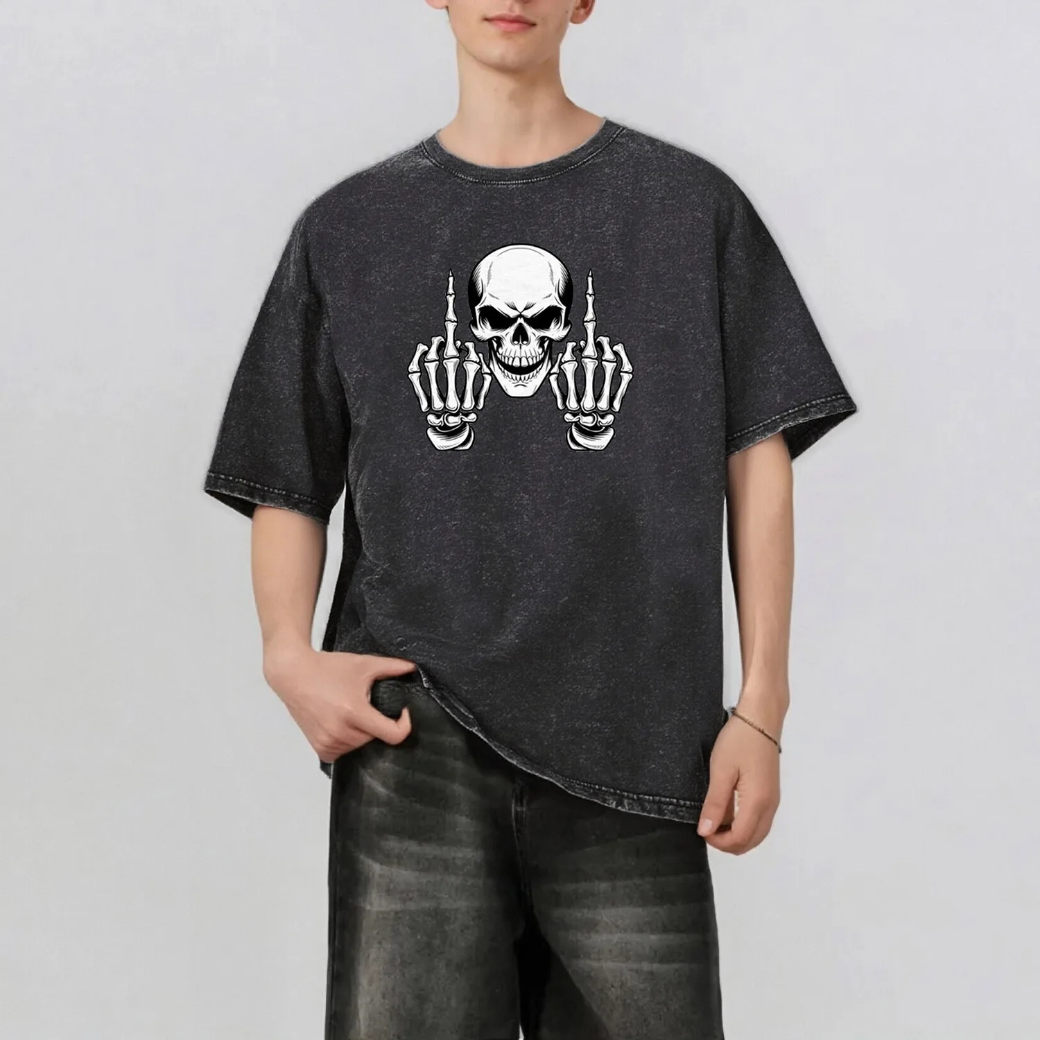 

Skull Pattern Rint Men's Summer Retro Style Washed Water T-Shirt Casual Short Sleeved Basic Men's Top 230G