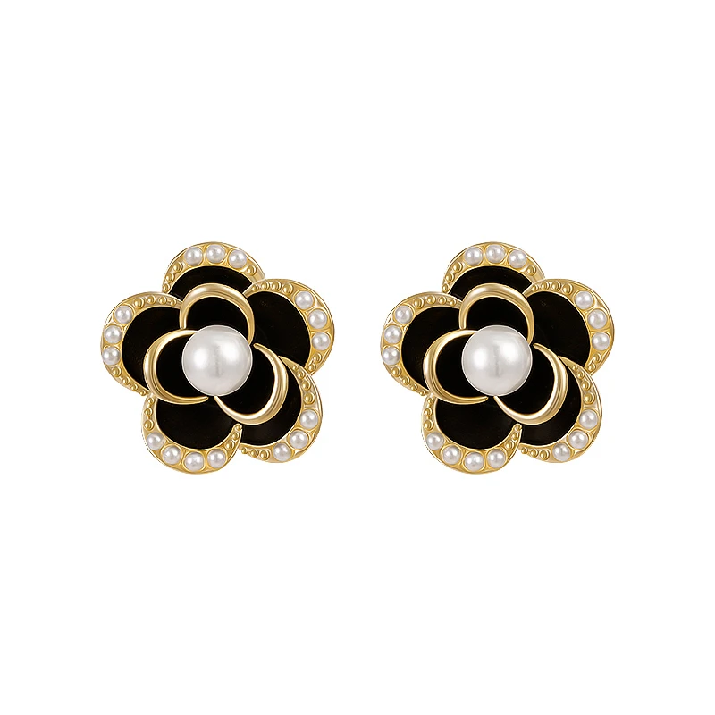 Elegant Sweet Pearl Black Camellia Flower Stud Earrings For Woman Girls Korean Celebrity Accessories Student Party Jewelry Gifts