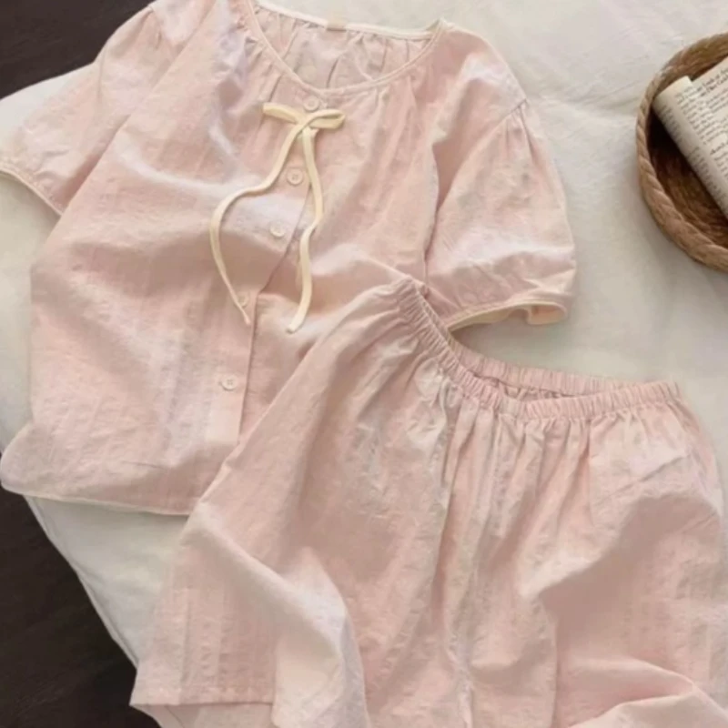 New Women's Sweet and Cute Nightwear with Bow Summer Solid Color Simple Home Clothes Set Пижама Женская