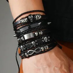 Eight-character Alloy Skull Head Infinite Symbol Cross-Border Style Leather Bracelet Set Men's Over-the-top Punk BraceletJewelry