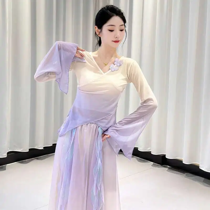 

Classical Dance Body Rhyme Gradient Butterfly Yarn Dress And Pants Chinese Dance Art Exam Performance Dress Elegant Ethnic Dance