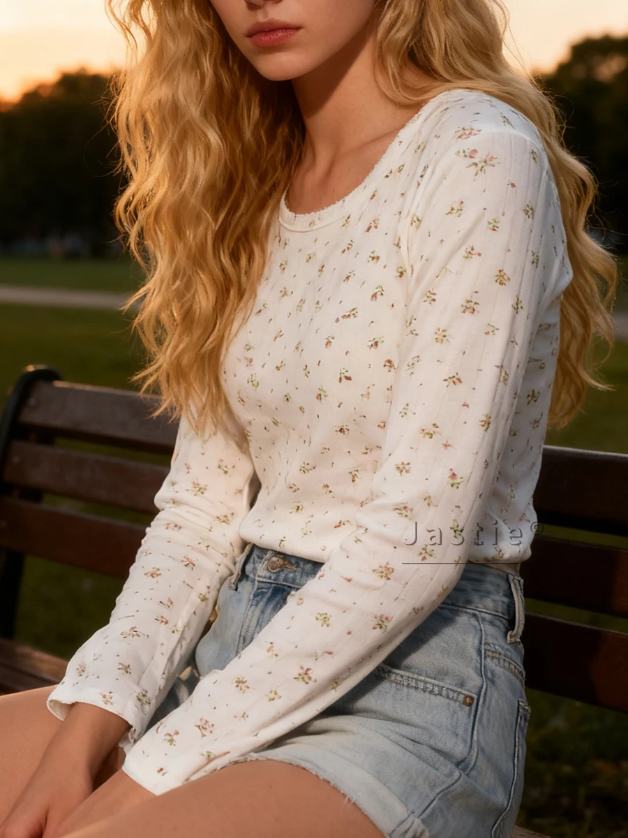 

Милая хлопковая футболка с цветочным принтом, женская осенняя кружевная футболка с круглым вырезом и длинным рукавом, женская винтажная шикарная футболка в стиле бохо, тонкие топы на молнии