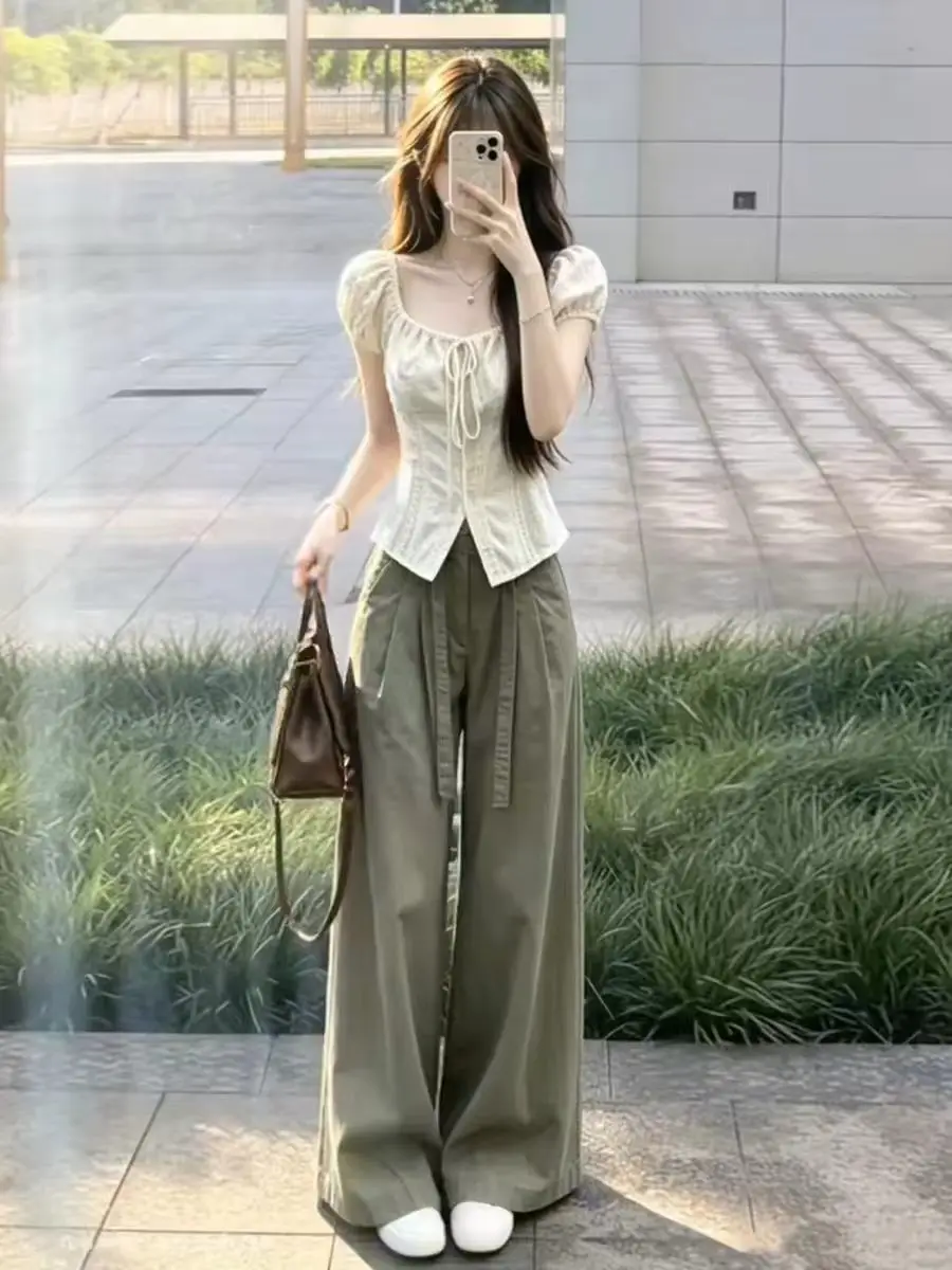 Retro Large Size Korean Style Women's Shirt with Bubble Sleeves And High Waist Wide Leg Pants Two Piece Set Summer Fashion