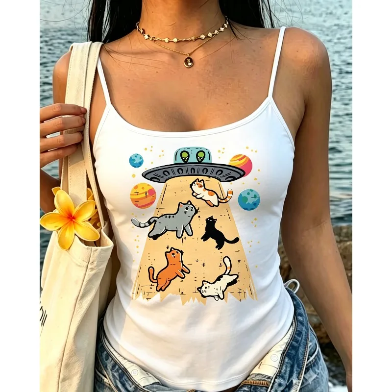 Women UFO Space Cat Print Spaghetti Strap Tank Top Cute Alien Flying Saucer Planet Kitty Graphic Y2K Casual Summer Beach Vest