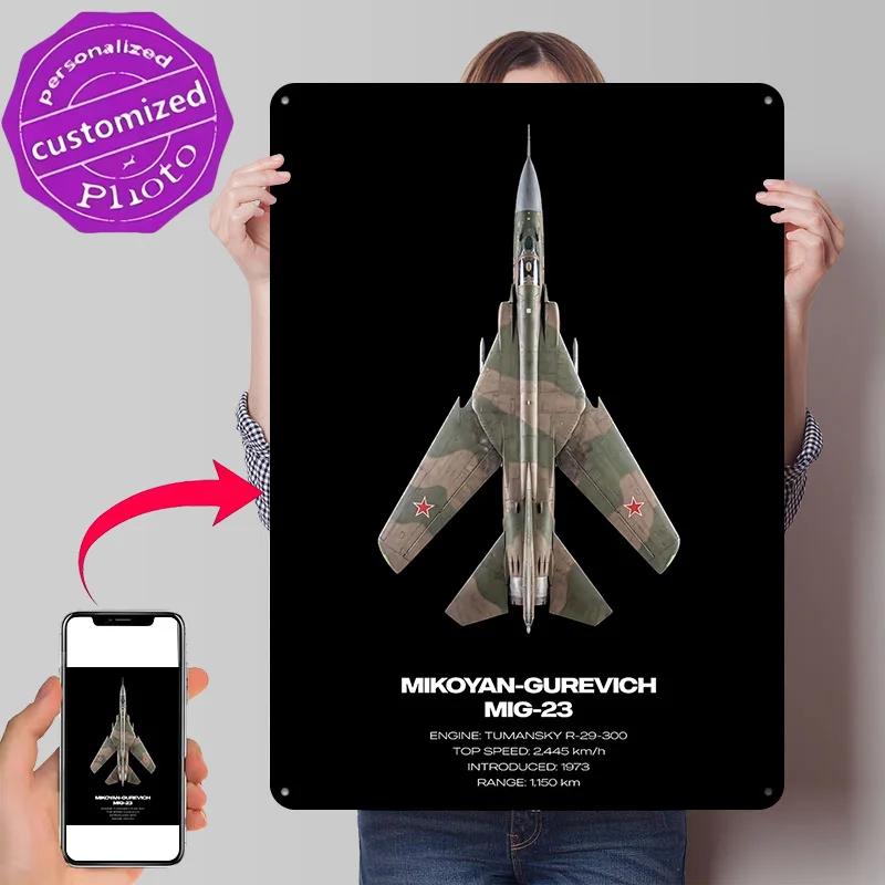 Mikoyan-Gurevich MiG-23 Fighter Jet 3D Printed Texture Poster Personalized Wall Art Retro Metal Tin Signs for Decoration Room
