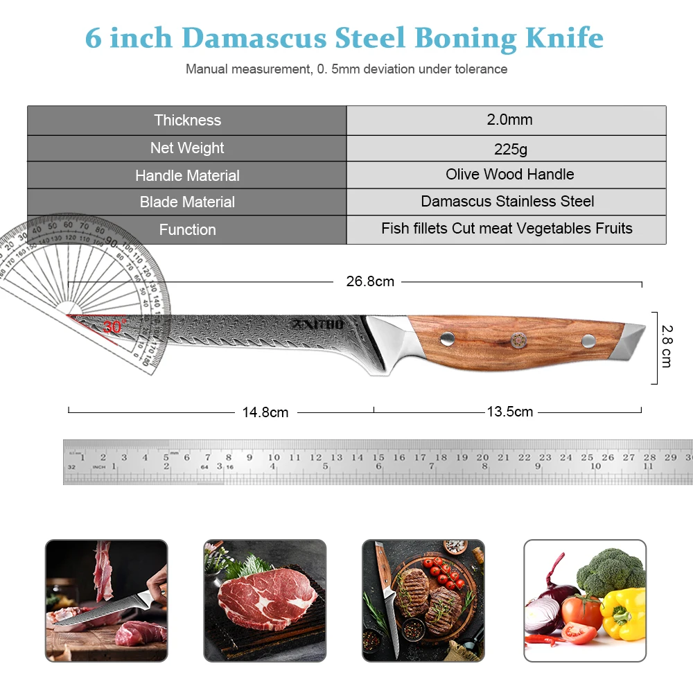 Damascus Steel 6 Inch Fillet Knife,Pro Japanese Kitchen Boning Knife, Deboning Sharp Fish Knife with Ergonomic Olive Wood Handle