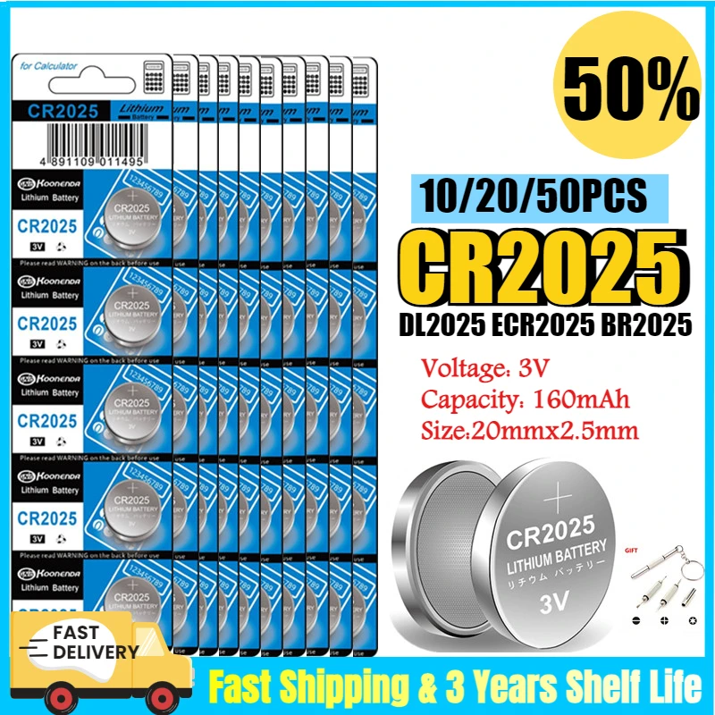 10/20/50pcs CR2025 Lithium Coin Cell Batteries 160mAh DL2025 2025 Battery for Car Key/Key Fob Audi Mercedes Nissan Scales Toys