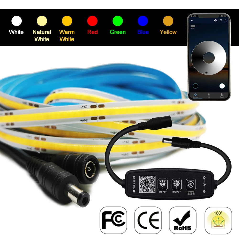 Tira de luces LED COB de 1m, 2m, 3m, 4m, 5m, 480, 528 LED, iluminación RA90 Flexible de alta densidad, controlador Bluetooth lineal regulable DC12V/24V