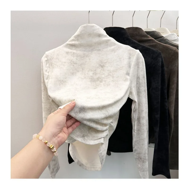 German Velvet Bottoming Shirt for Women in Autumn and Winter New Retro Tie-dye Design Waist Slimming Half Turtleneck Top
