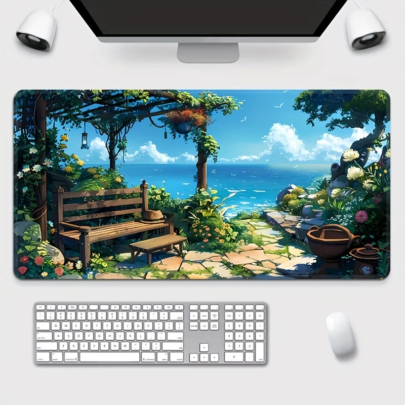 Extra Large Non-Slip Rubber Mouse Pad with Beach Scenery Print, Heavy Duty Stitched Edges, Desk Mat for Home & Office