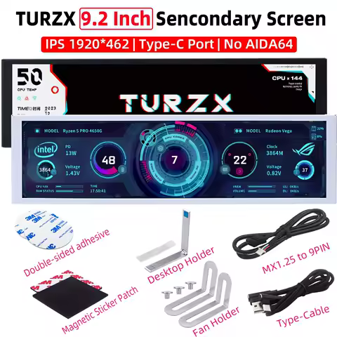 TURZX 9.2 Inch Type-C Chassis Secondary Screen 1920*462 IPS Display CPU GPU RAM HDD Weather Monitor LCD No AIDA64 USD Display